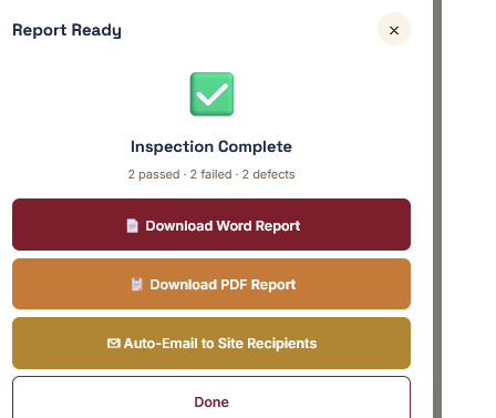 Report ready — download Word, PDF or auto-email to client
