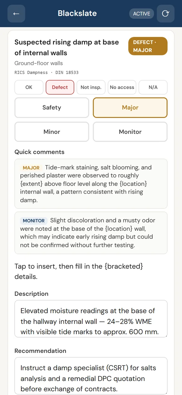 Blackslate app — findings with severity, photos and quick comments