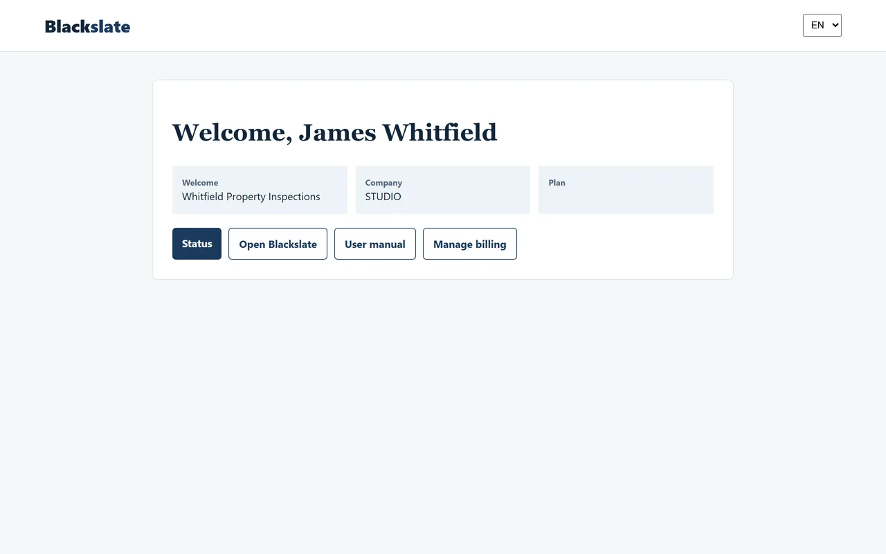 Blackslate client portal — plan, manual and billing