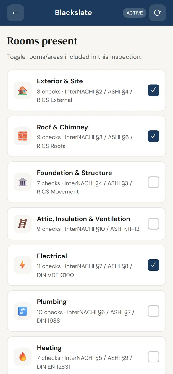Blackslate app — pick rooms and SoP sections