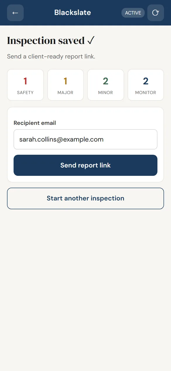 Blackslate app — severity summary, report ready