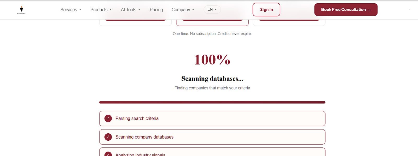 لقطة من أداة Blackcarrot Tech Lead Finder أثناء البحث عن الشركات المحتملة